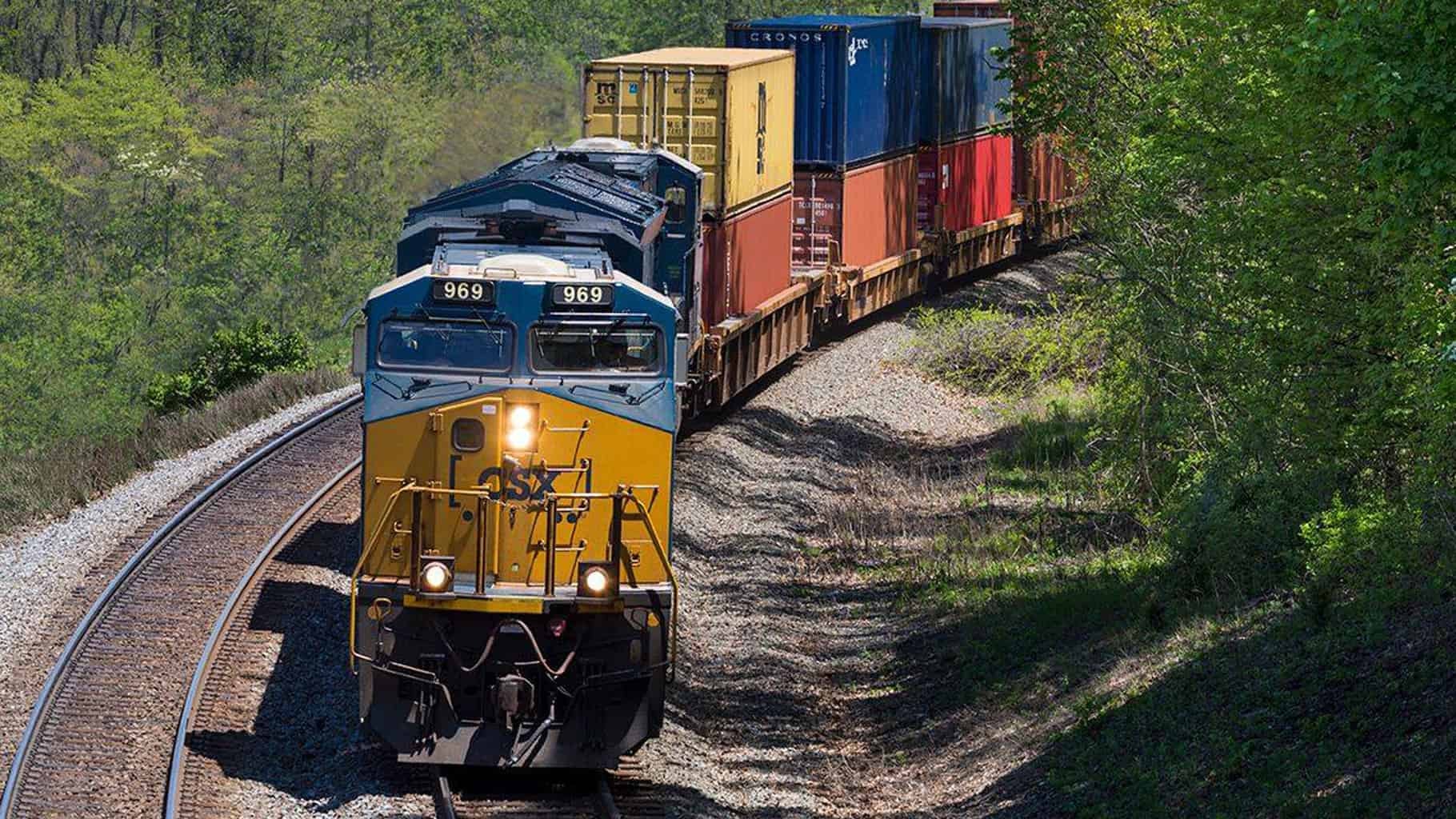 A CSX train hauls intermodal containers.