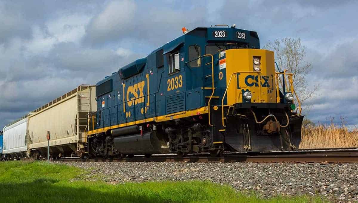 A photograph of a locomotive hauling railcars in a grassy field.