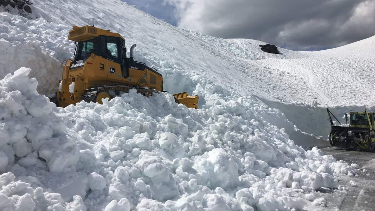 Plow trucks on a very snowy road in Washington state.