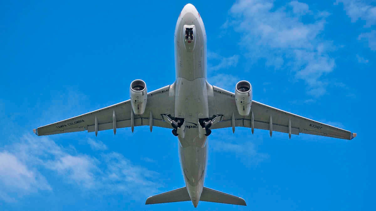 Looking up at bottom of plane as it flies over