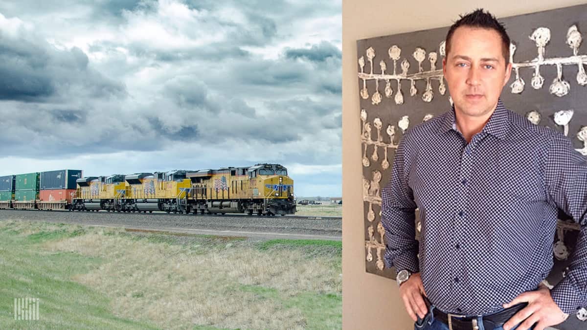 Two photographs. The left photo is of a train running in a field, and the right photo is of a man with his hands on his hips.