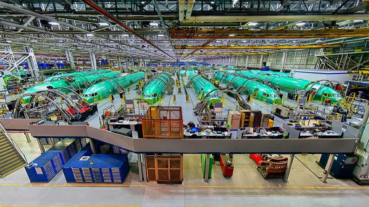 Aircraft fuselages lined up for assembly