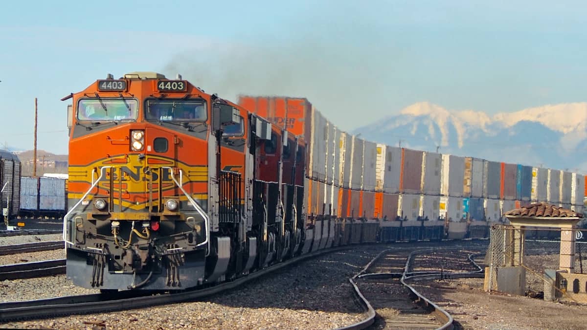 A photograph of a train with railcars behind it.