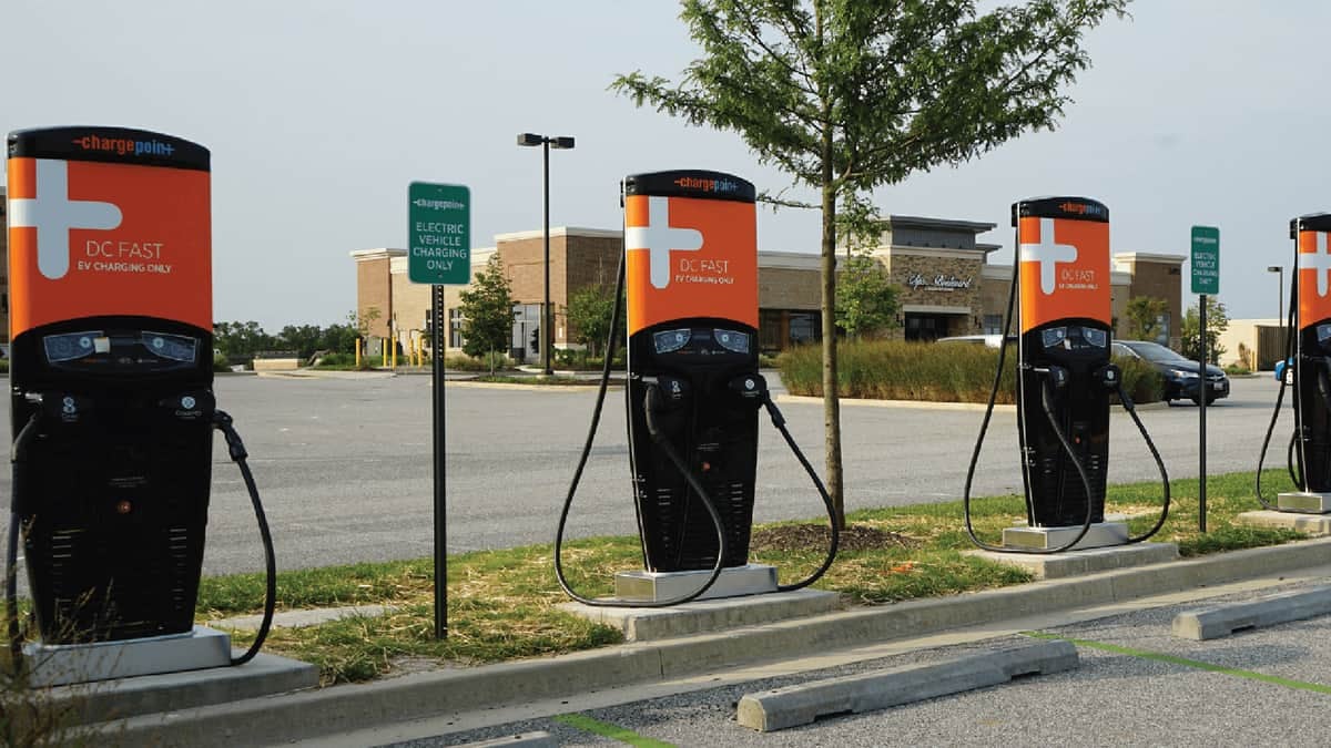 Row of ChargePoint electric vehicle charging stations