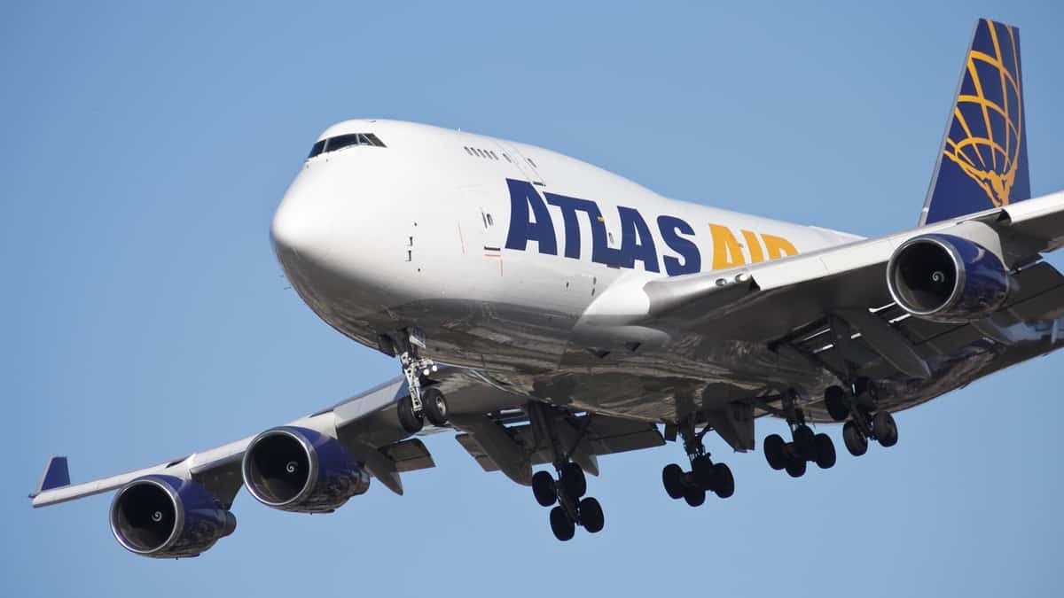 Atlas Air jumbo jet comes in for landing.