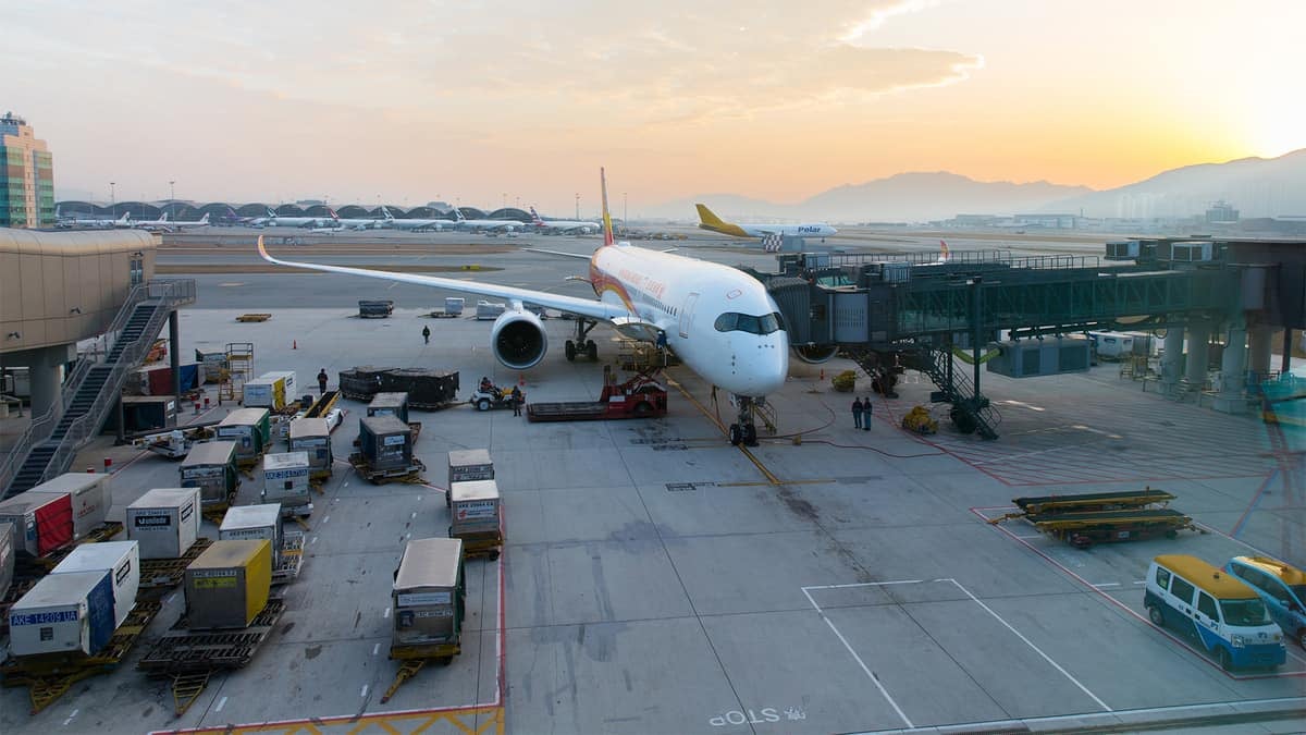 Plane being loaded with cargo in Hong Kong.