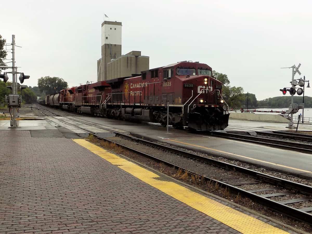 A photograph of a train at a station.