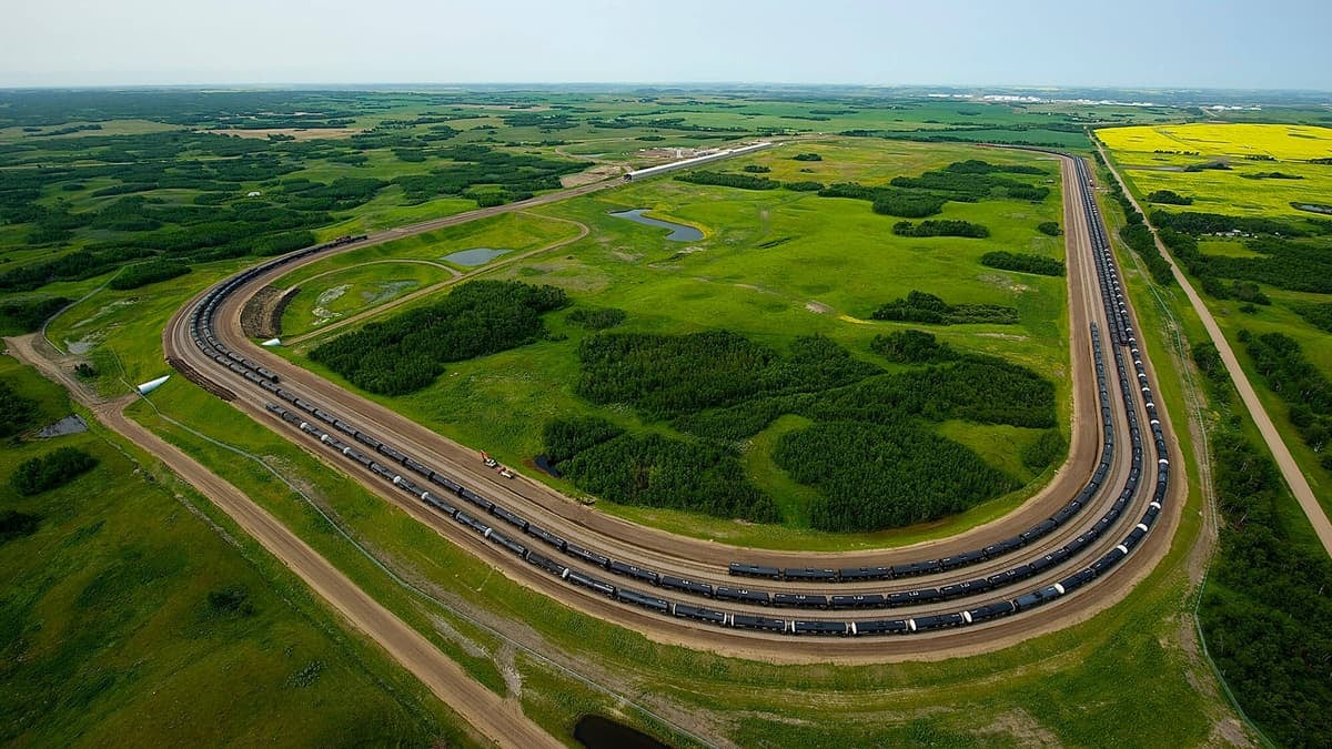 An aerial photograph of a field. The field has a looped railroad track with railcars on it.