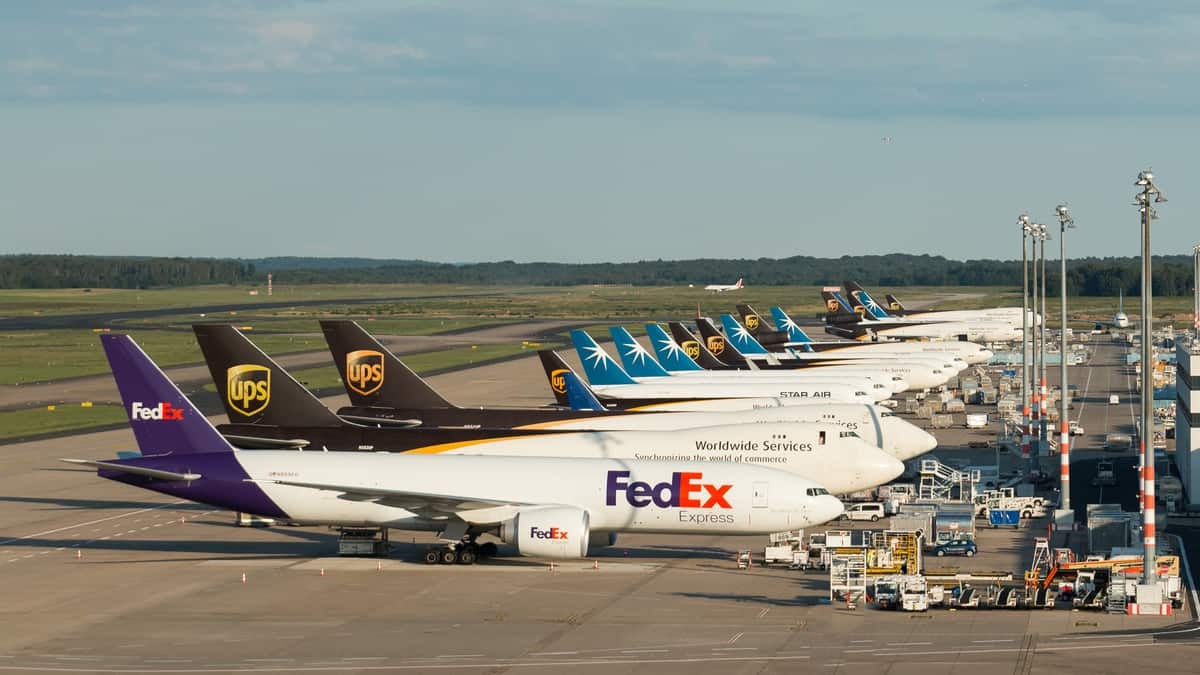 Big freighter planes lined up side by side