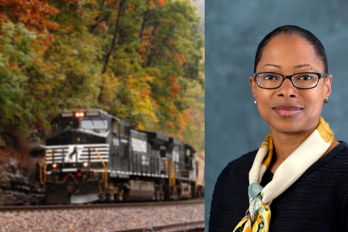 A composite image. On the left is a photograph of a locomotive. On the right is a photograph of a woman.