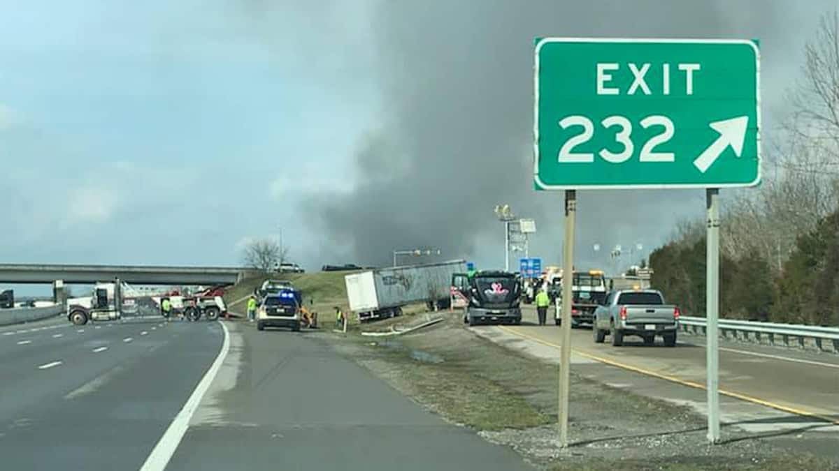 Wrecked vehicles, power lines down on I-40 near Nashville.