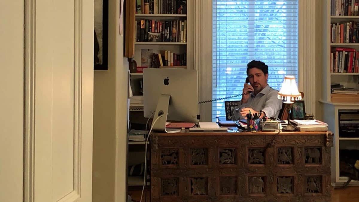 Canadian Prime Minister Justin Trudeau working from home