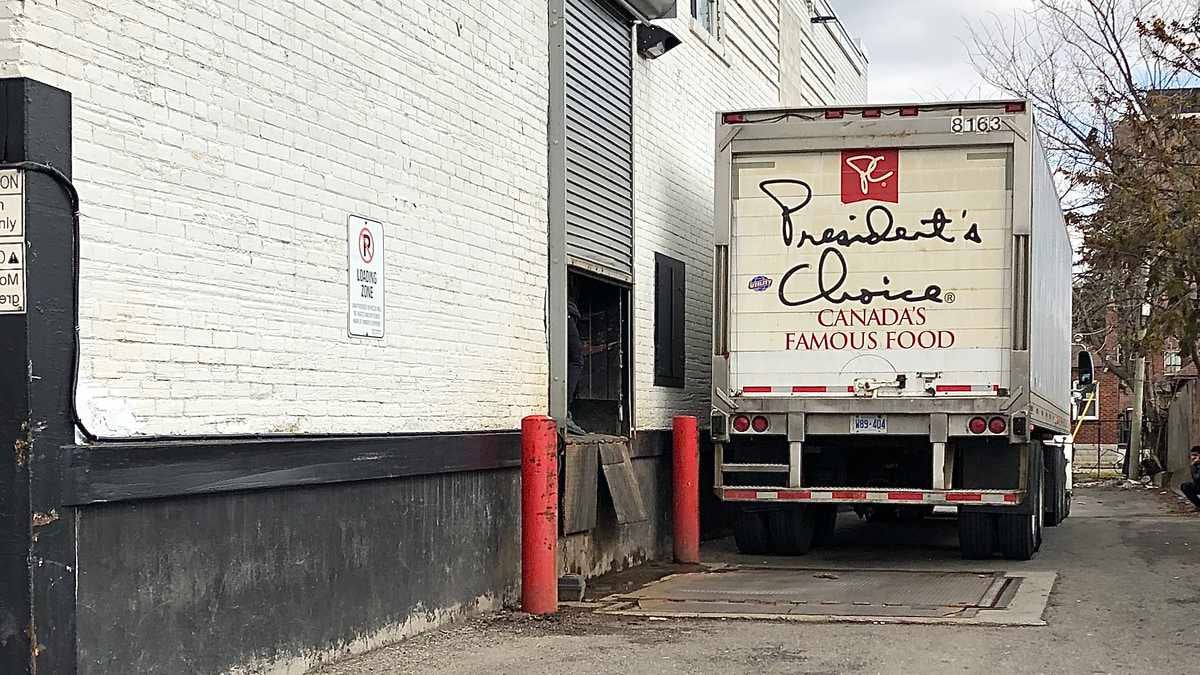 A truck makes a delivery to a No Frills supermarket in Toronto, Canada