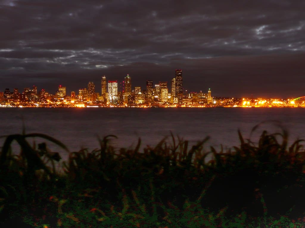 Puget Sound and Seattle at night.