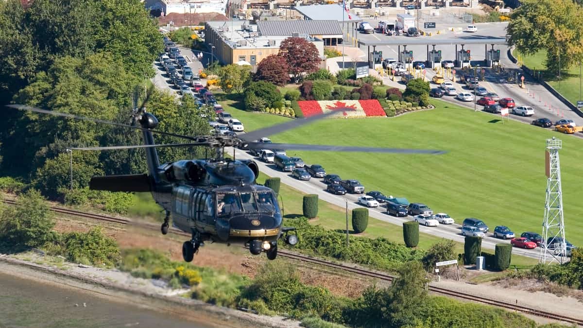 A U.S. Customs and Border Protection UH-60 Blackhawk helicopter flies near the U.S.-Canada border in Washington state.