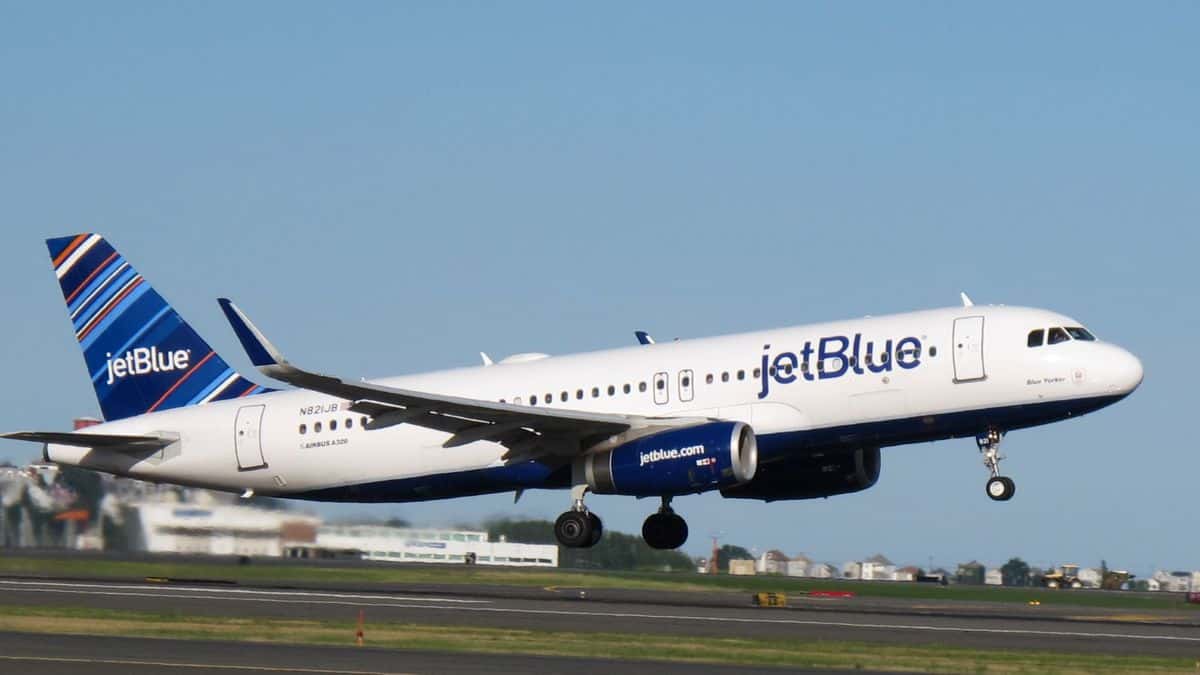 A blue and white JetBlue plane takes off.