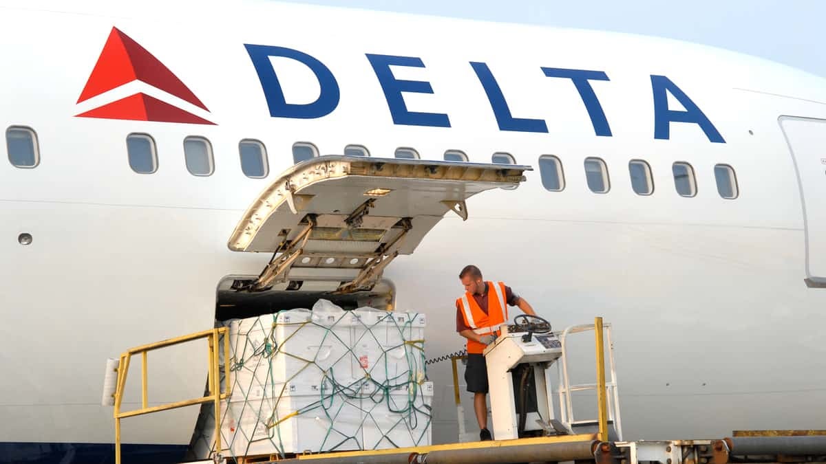 Cargo loaded in side door of white jetliner.