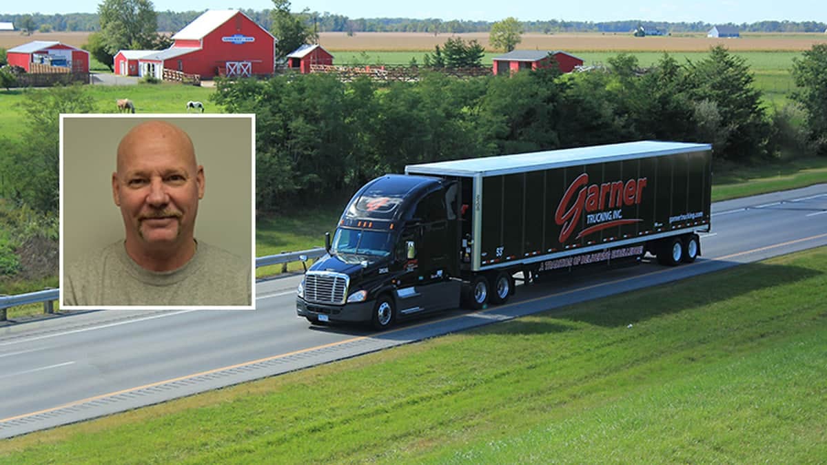 Garner Trucking tractor-trailer; inset photo of driver Eric Eaton.