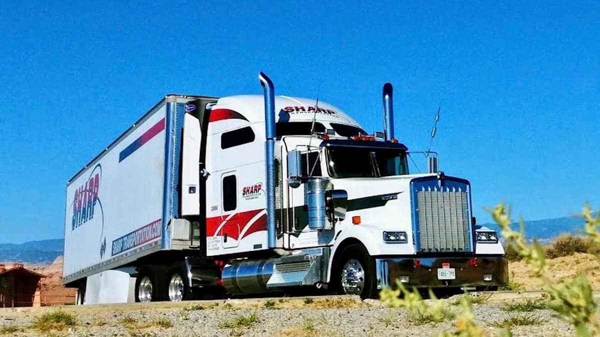 A tractor-trailer of Sharp Transportation Systems