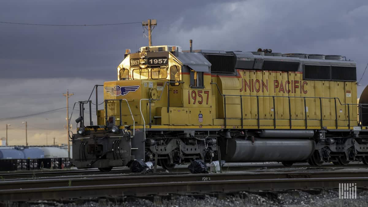 A photograph of a freight train locomotive.