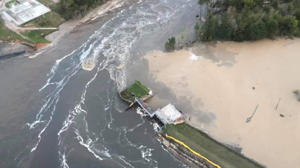 Aerial photo of major flooding in Midland, Michigan on May 20, 2020.