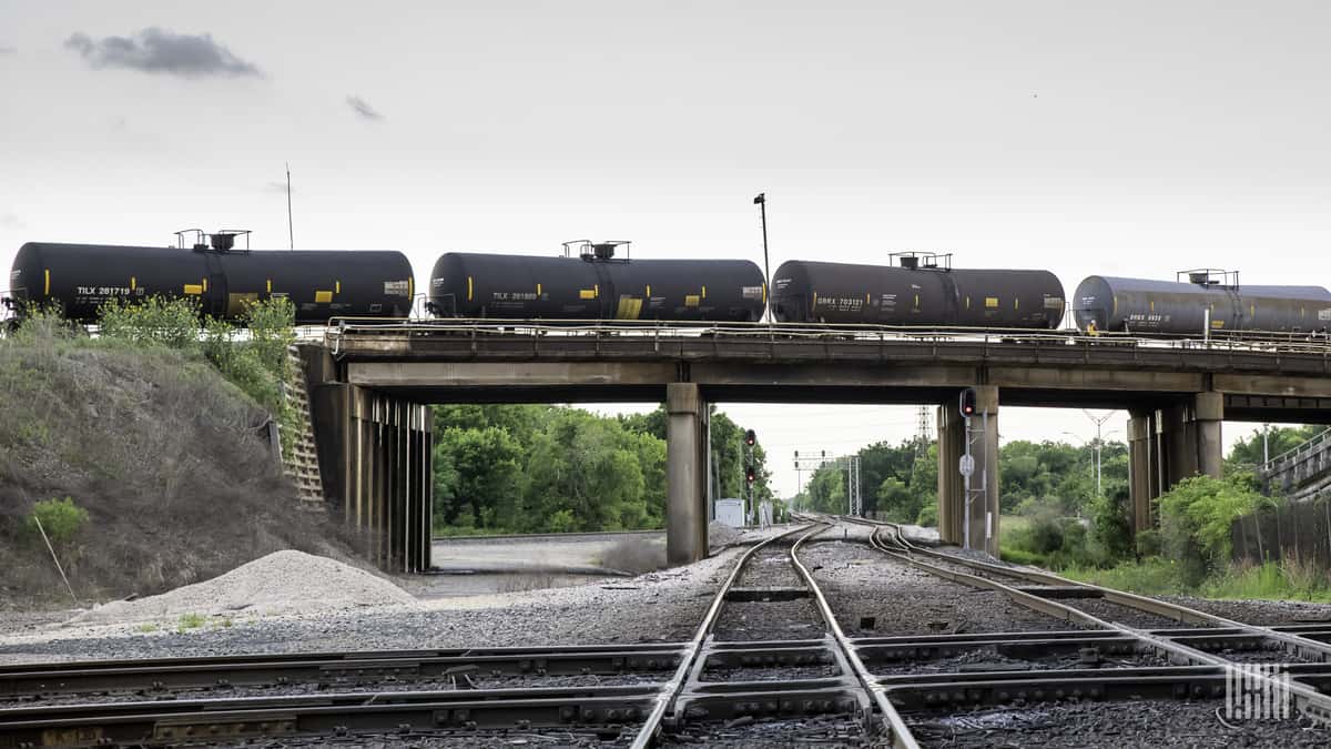 A photograph of tank cars crossing a bridge.