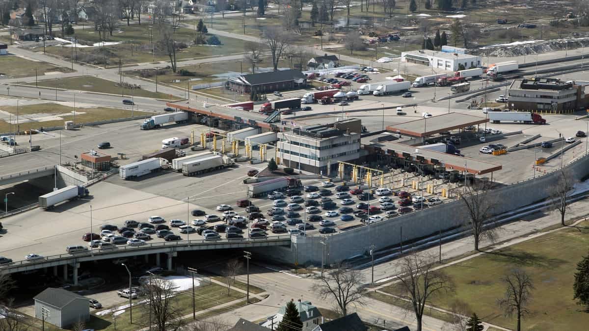 The U.S.-Canada border crossing at Blue Water Bridge links Port Huron, Michigan and Point Edward, Ontario