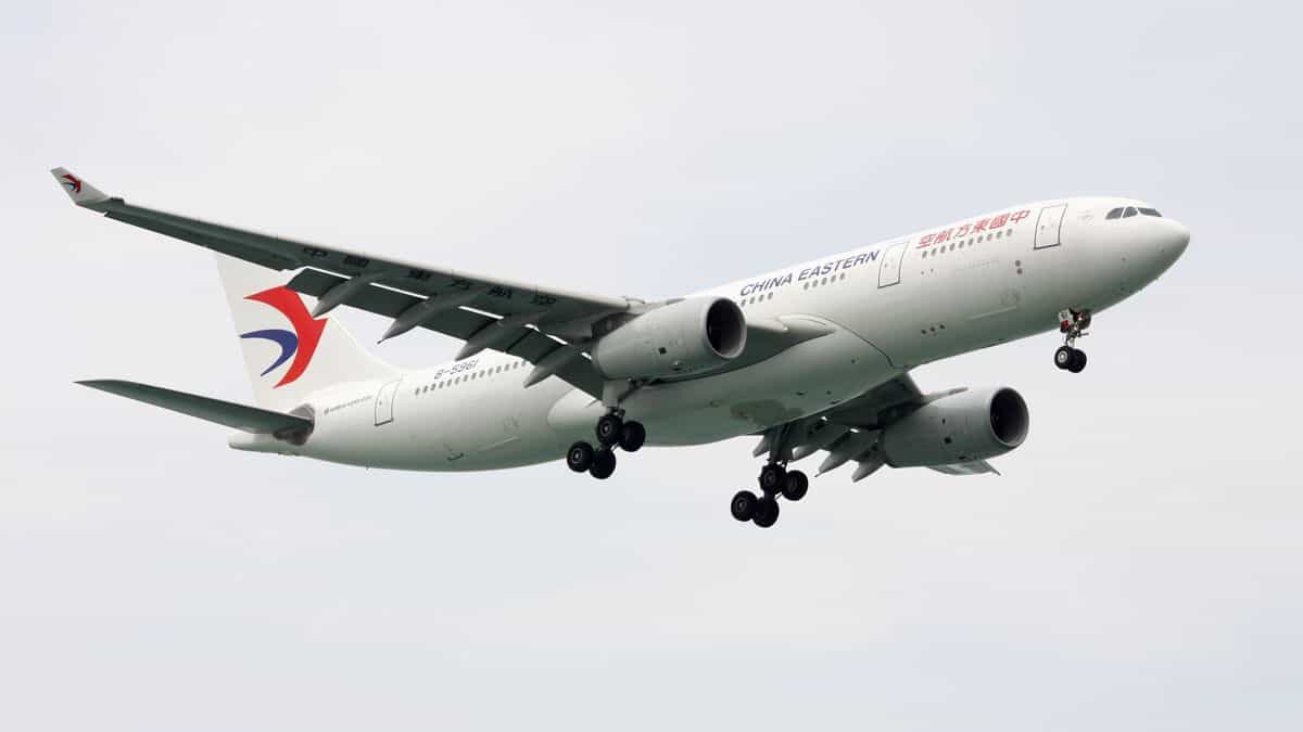 Bit white plane with Chinese markings comes in for landing.