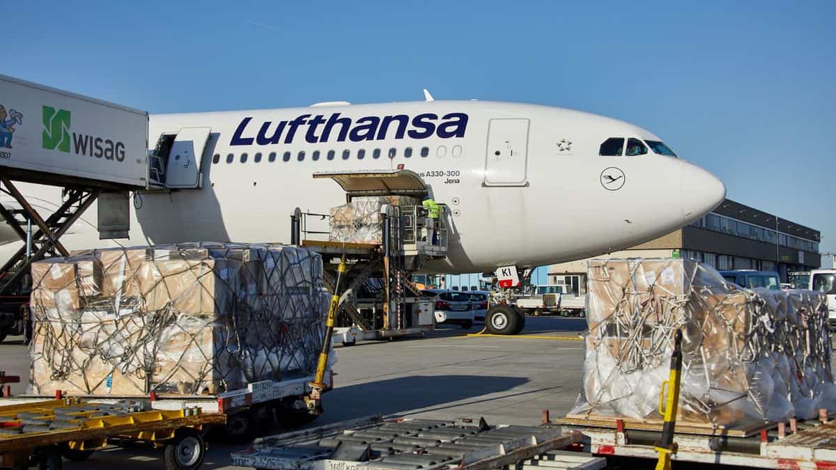 A big white Lufthansa plane gets loaded with cargo through side door.