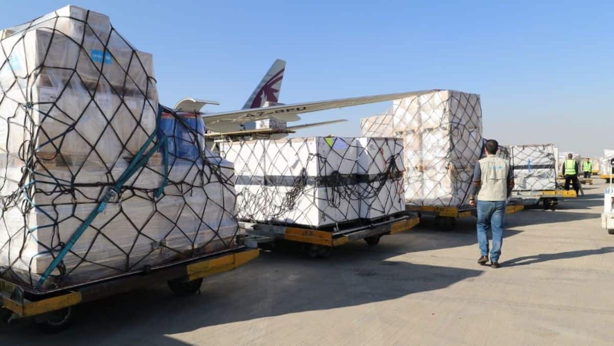 Cargo on pallets waiting to get loaded on a plane.