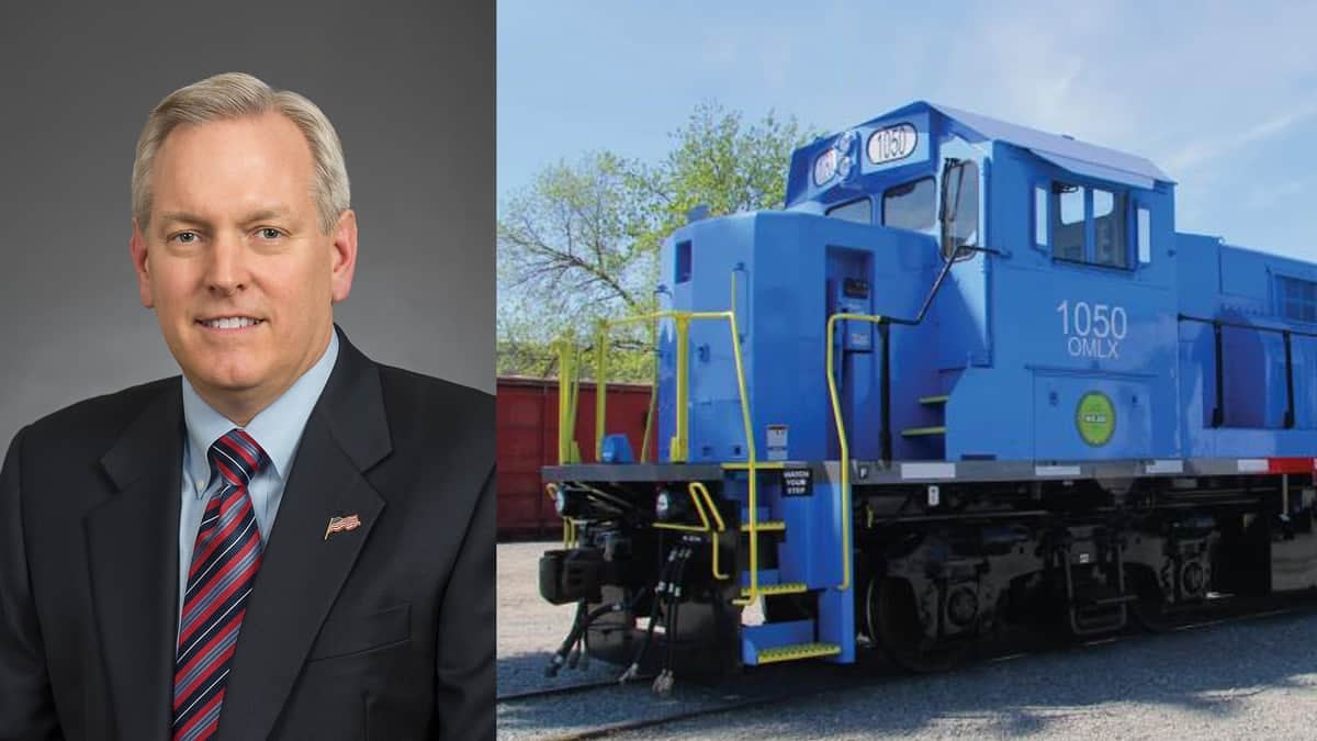 Two photographs next to each other. On the left is a portrait of a man in a suit. On the right is photograph of a freight train locomotive.