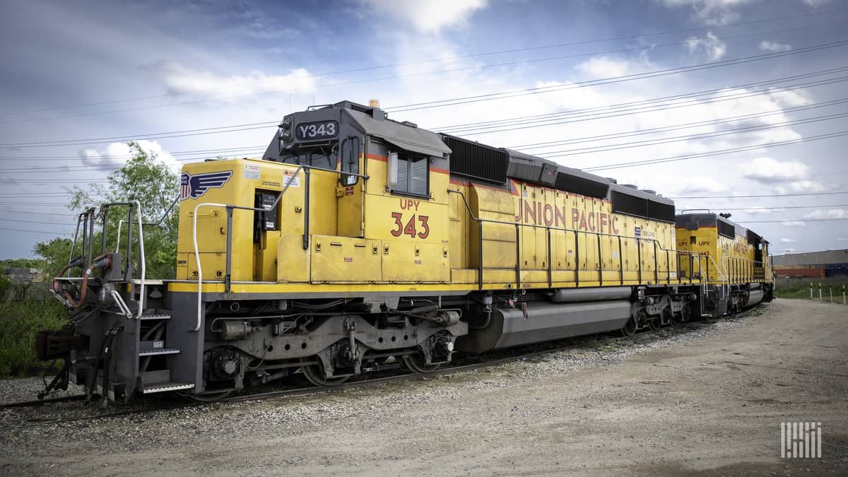 A photograph of a freight train locomotive.