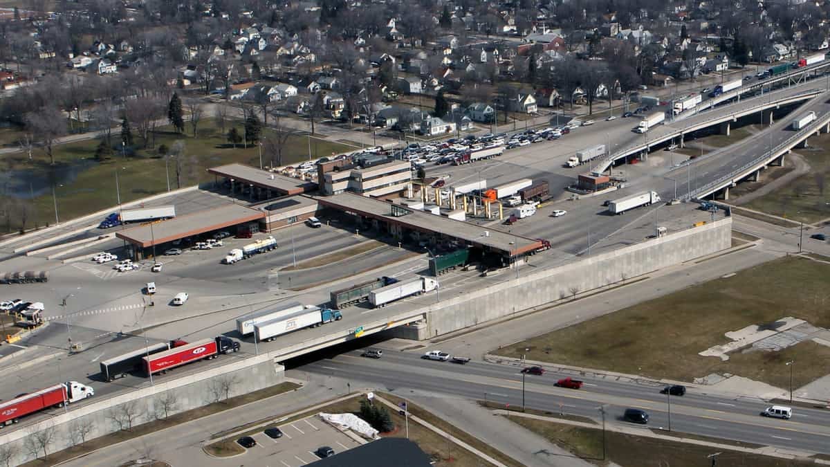 An aerial view of the U.S.-Canada border crossing at Blue Water Bridge. The border will remain closed for nonessential travel until at least July 21