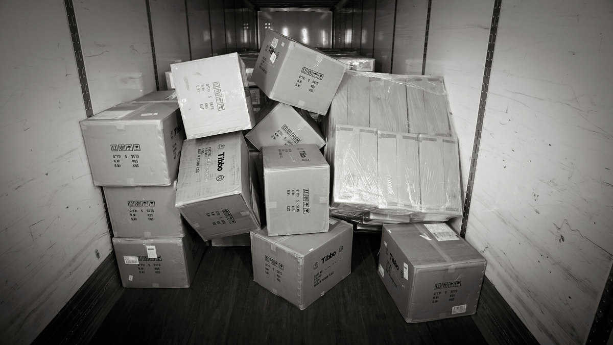 Boxes of cargo inside a tractor trailer