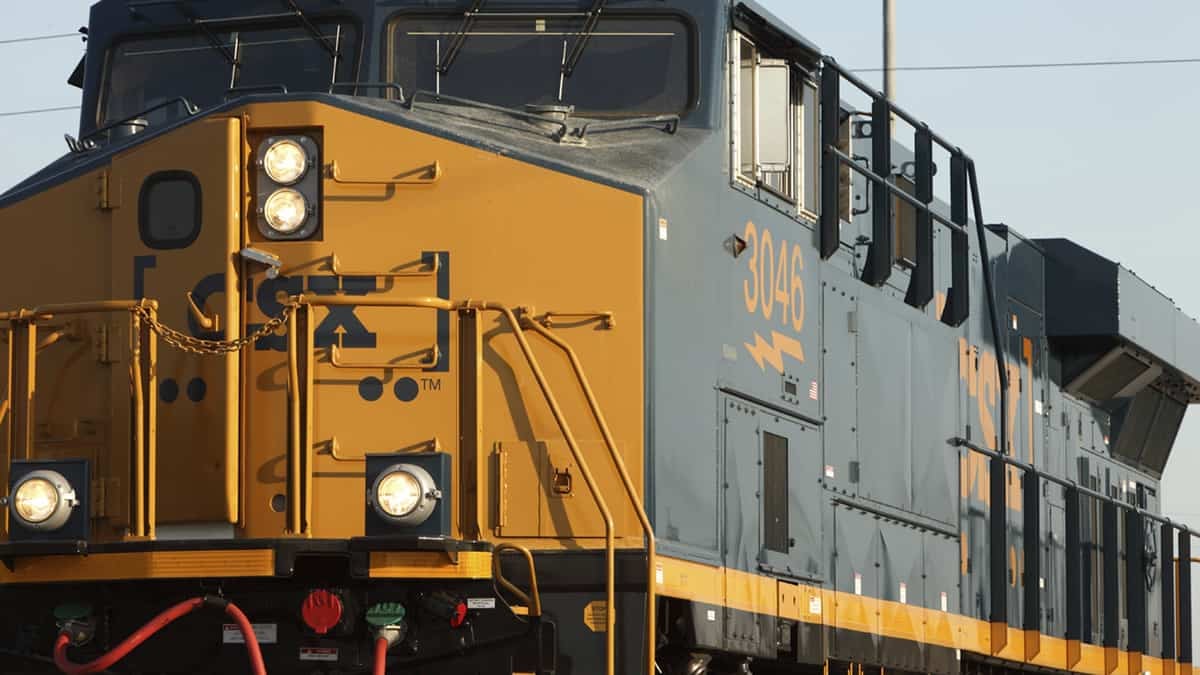 A photograph of a CSX train locomotive.