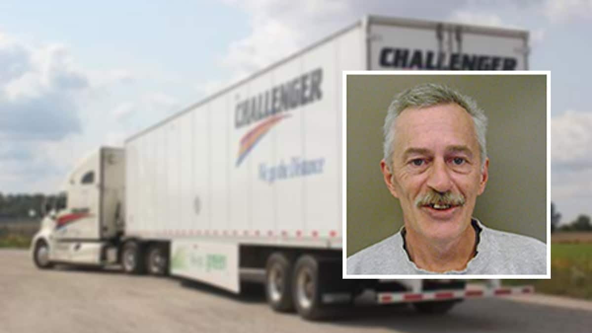 Photo of driver David Hill superimposed next to Challenger Motor Freight tractor-trailer.