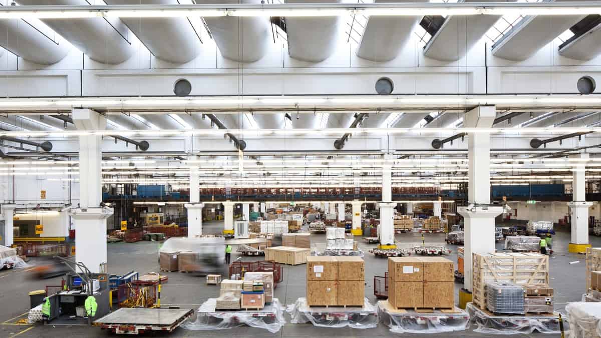 Cargo pallets sit inside Lufthansa's warehouse at Frankfurt Airport.