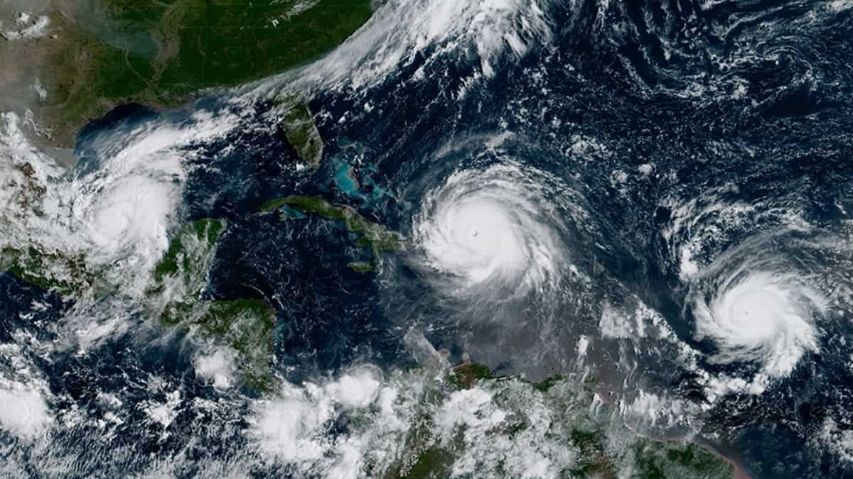 Satellite view of multiple Atlantic cyclones.