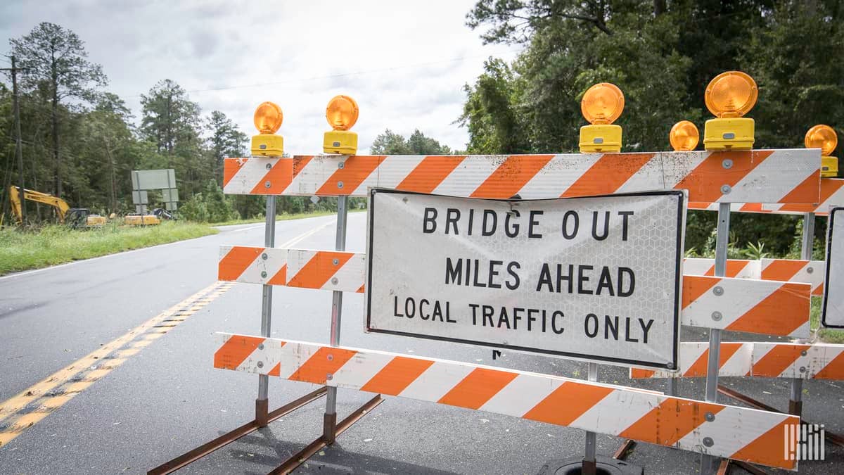 Road closed sign in flooded area.