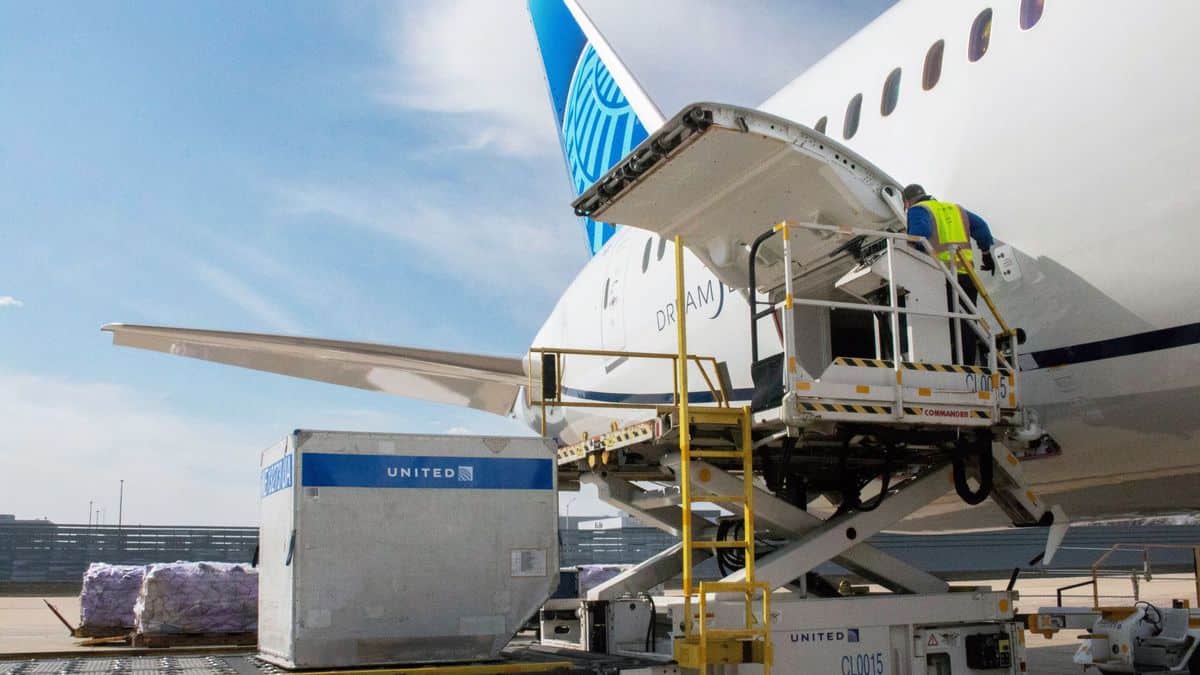 Hydraulic lift platform lifts cargo pallets to door of United Airlines jet. United Airlines has figured out how to make money off of cargo during the pandemic.