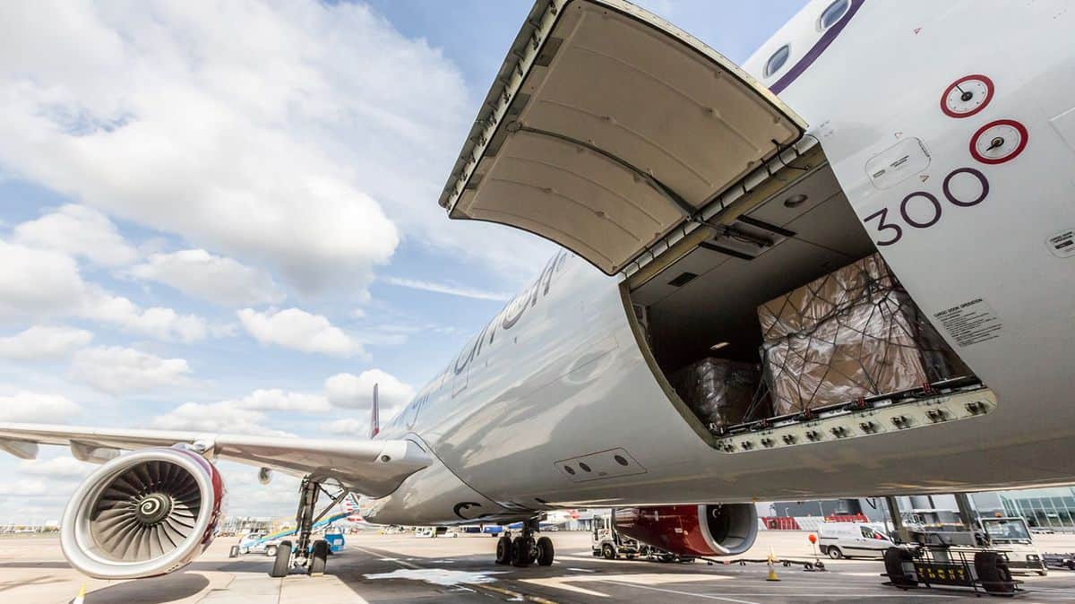 Cargo shown in the hold of a Virgin Atlantic passenger jet. Virgin Atlantic secured private funding to stave off bankruptcy.