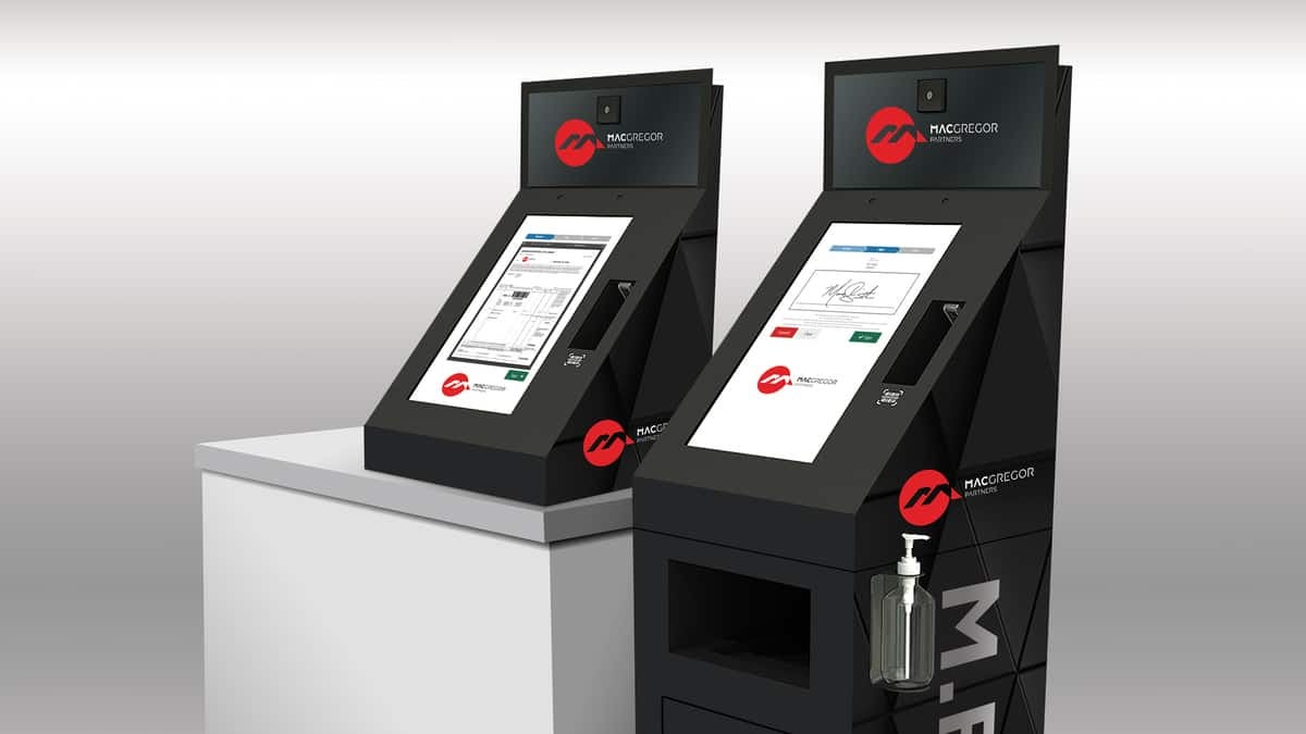 Two black and red kiosks in white room