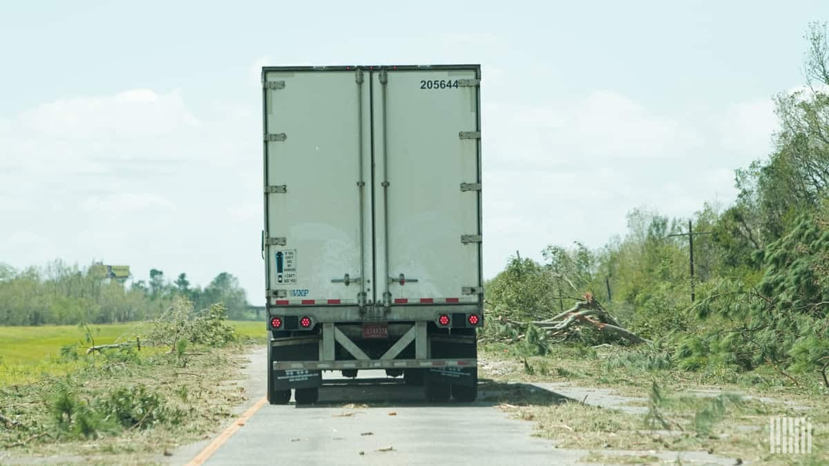 Tractor-trailer on I-10 in southwestern Louisiana day after Hurricane Laura's Gulf Coast landfall.