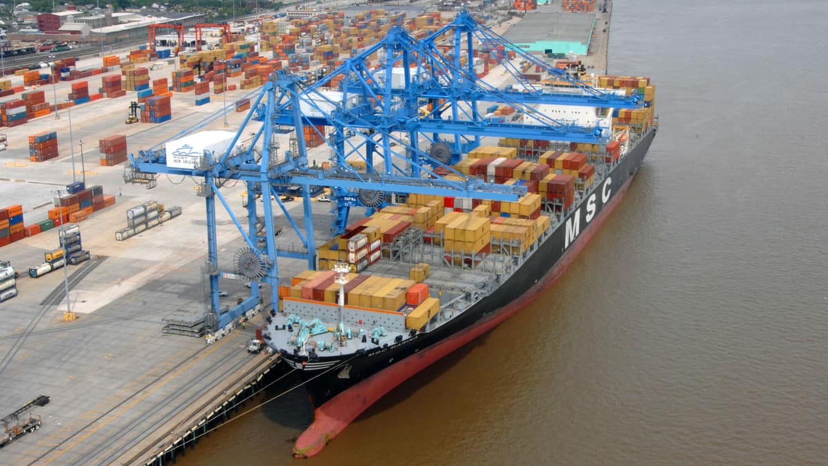 Container ship is unloaded at the Port of New Orleans.