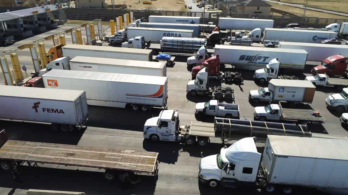 Trucks lined up for inspection at the U.S.-Mexico border at the Port of Laredo. The U.S. land borders with Mexico and Canada will remain closed for non-essential travel through Dec. 21.