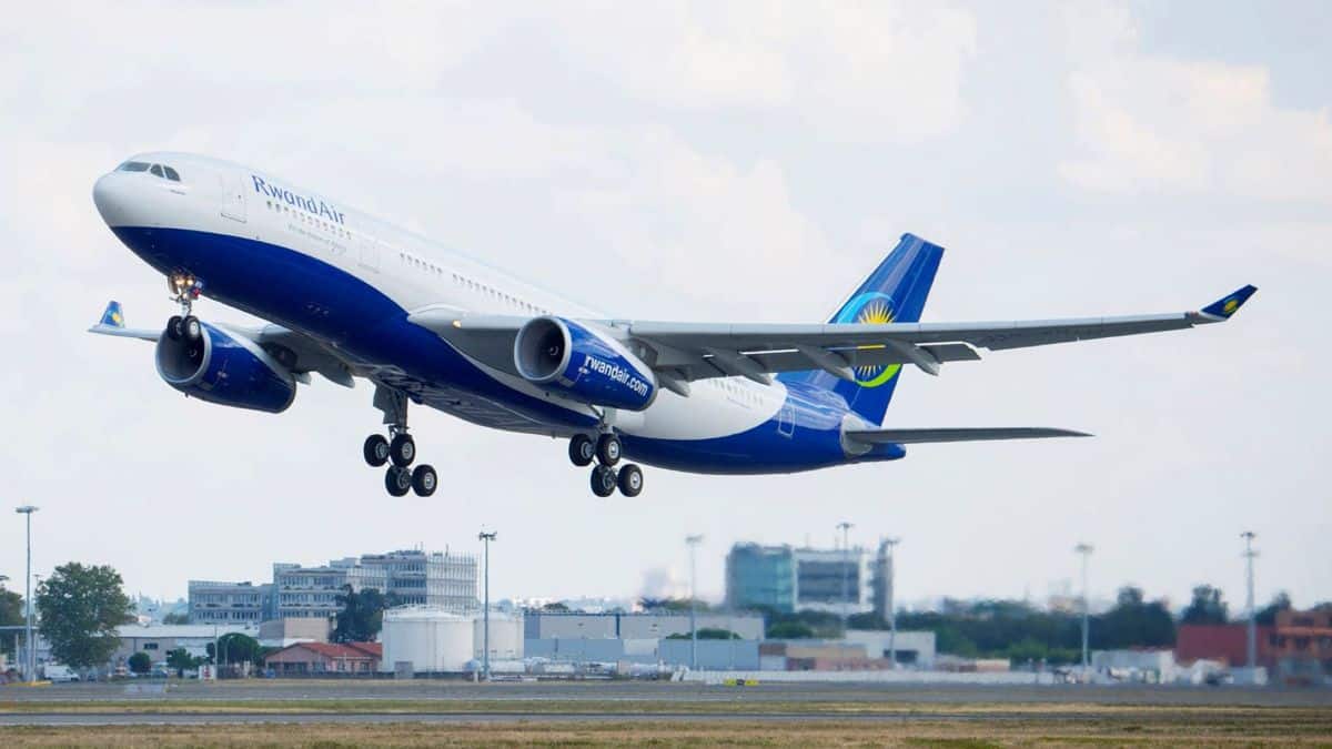 A white Airbus A330 with a blue tail takes off.