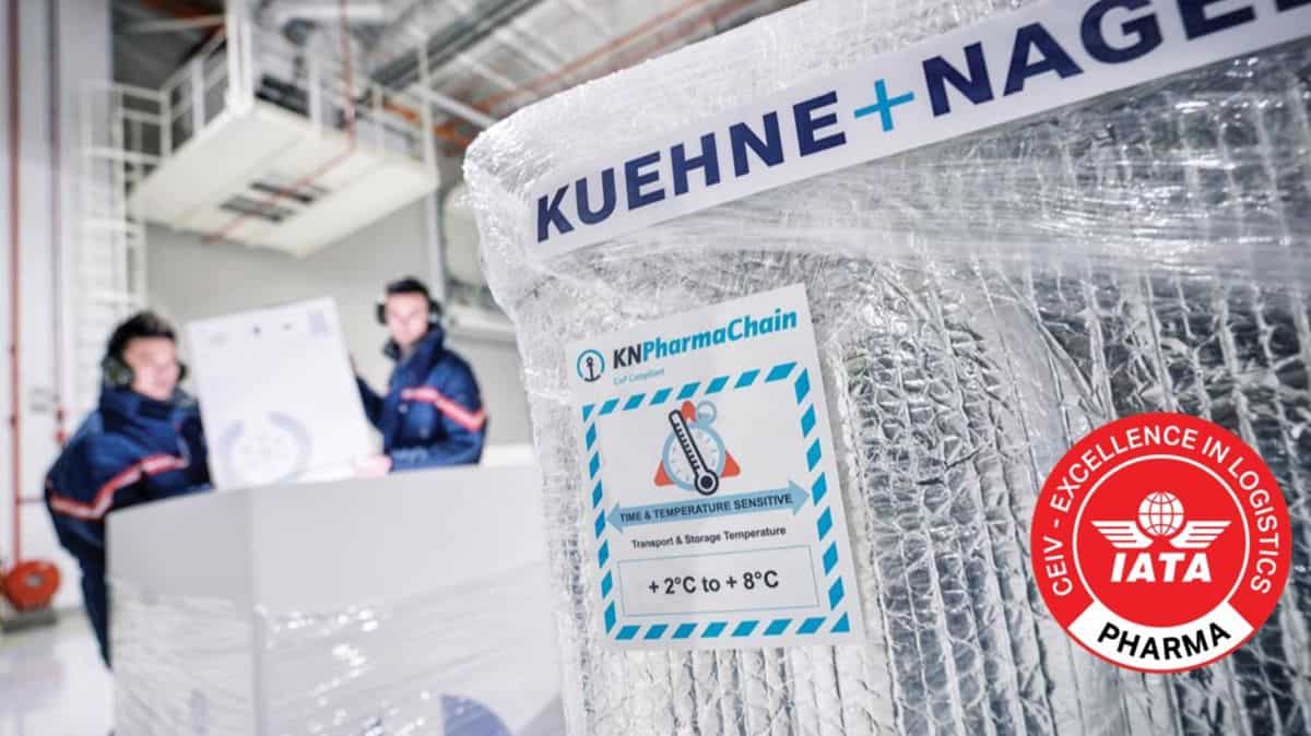 Temperature markings on a biopharma cold pack in warehouse operated by Kuehne+Nagel.