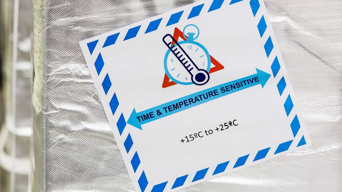 A label for pharmaceutical shipment showing a thermometer and the temperature range needed for the product. Cold chain logistics will be critical for delivery of coronavirus vaccines.