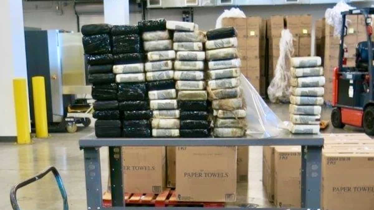 Packages of suspected cocaine seized by Canada Border Services Agency officers from a truck crossing from the United States. The truck driver was arrested.