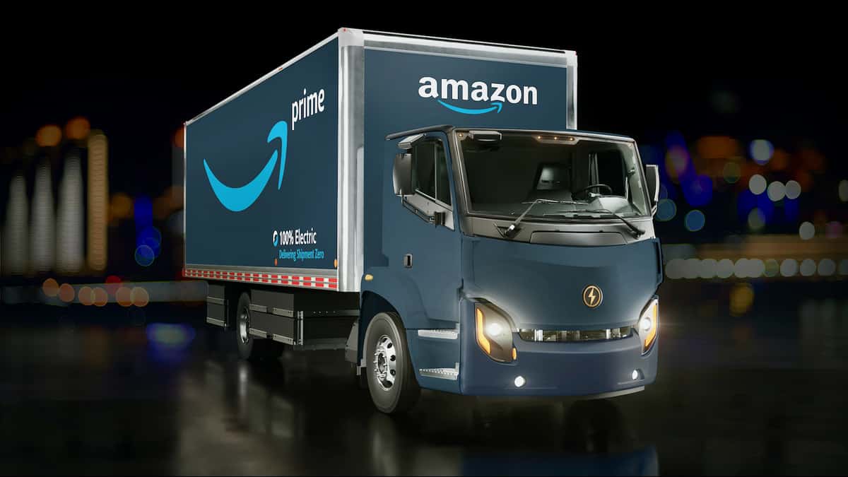 A rendering of a Lion Electric truck with an Amazon logo. Lion, a Canadian EV (electric vehicle) producer, plans to deliver its first trucks in October.